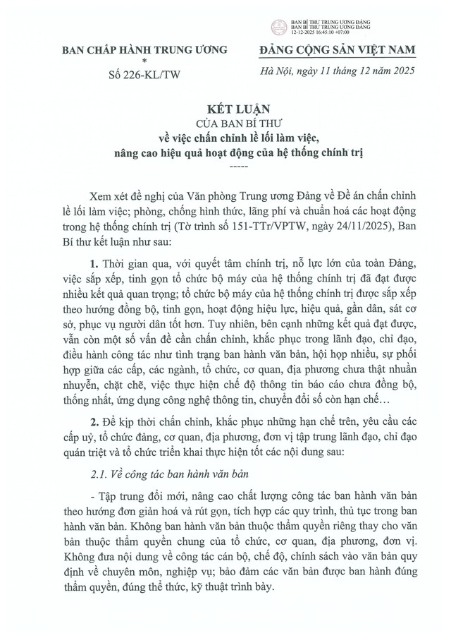 TOÀN VĂN: Kết luận số 226-KL/TW chấn chỉnh lề lối làm việc, nâng cao hiệu quả hoạt động của hệ thống chính trị.- Ảnh 1.