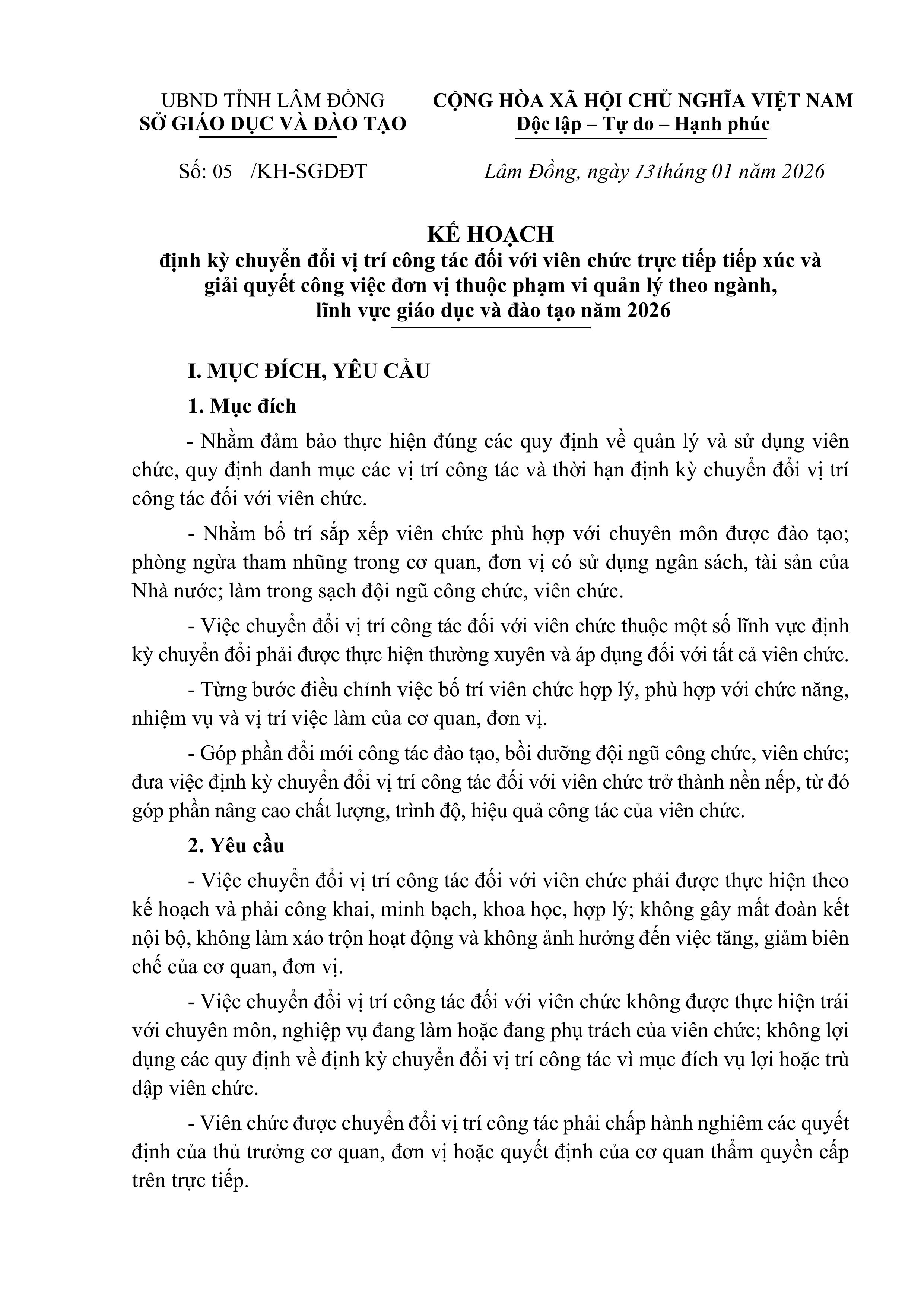 Kế hoạch định kỳ chuyển đổi vị trí công tác đối với viên chức trực tiếp tiếp xúc và  giải quyết công việc đơn vị thuộc phạm vi quản lý theo ngành,  lĩnh vực giáo dục và đào tạo năm 2026