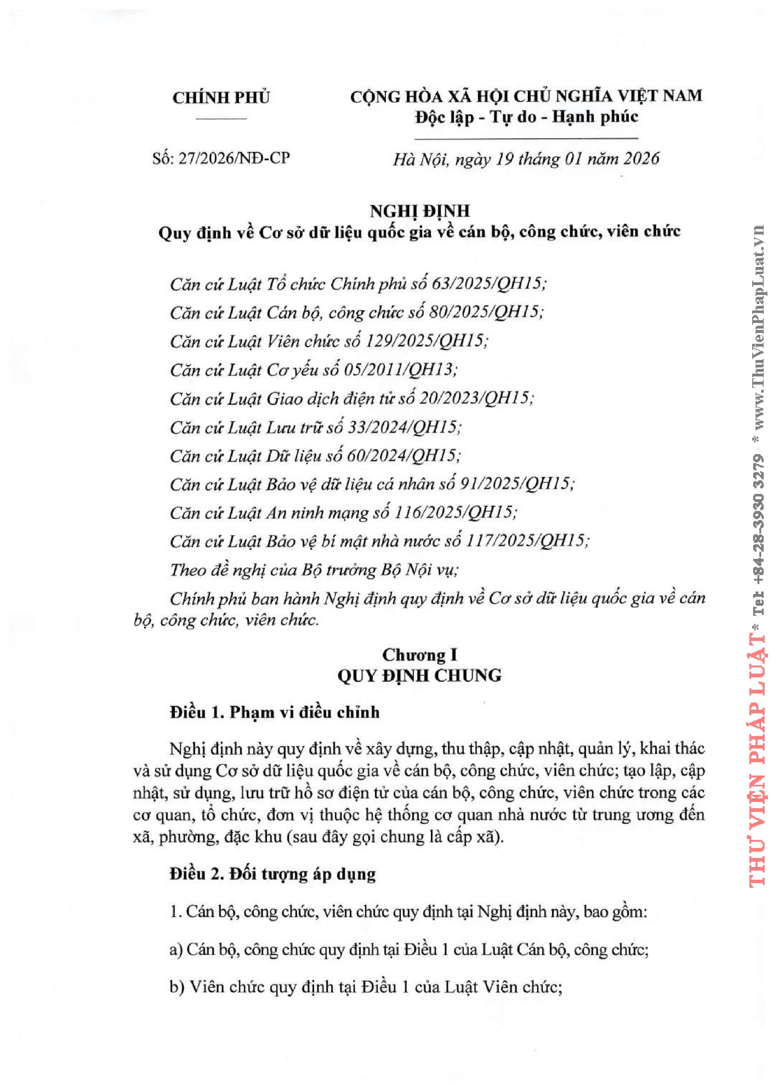 Nghị định số 27/2026/NĐ-CP ngày 19/01/2026 của Chính phủ về Cơ sở dữ liệu Quốc gia về Cán bộ, công chức, viên chức.
