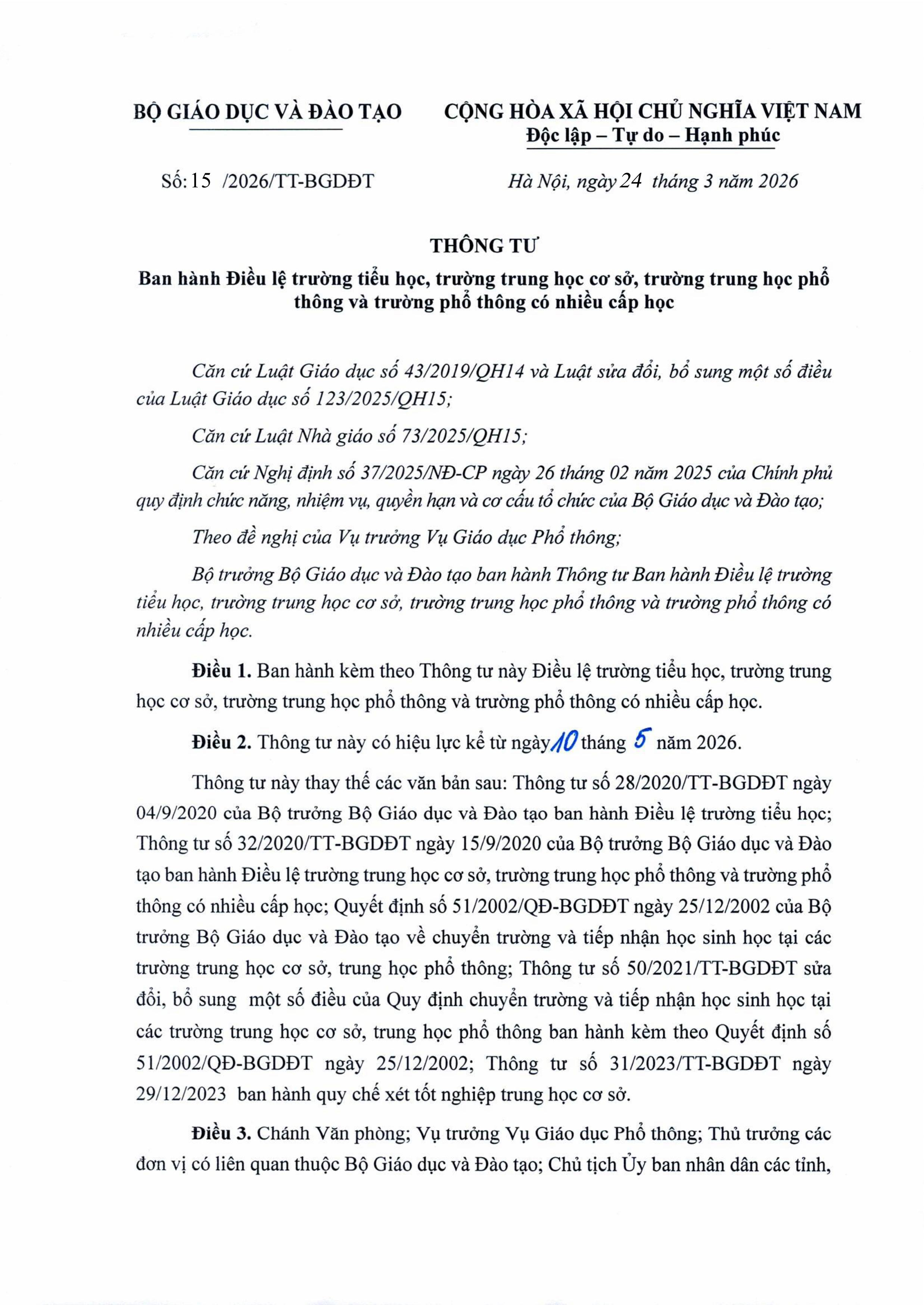 Thông tư số 15/2026/TT-BGDĐT ban hành Điều lệ trường tiểu học, trường trung học cơ sở, trường trung học phổ thông và trường phổ thông có nhiều cấp học