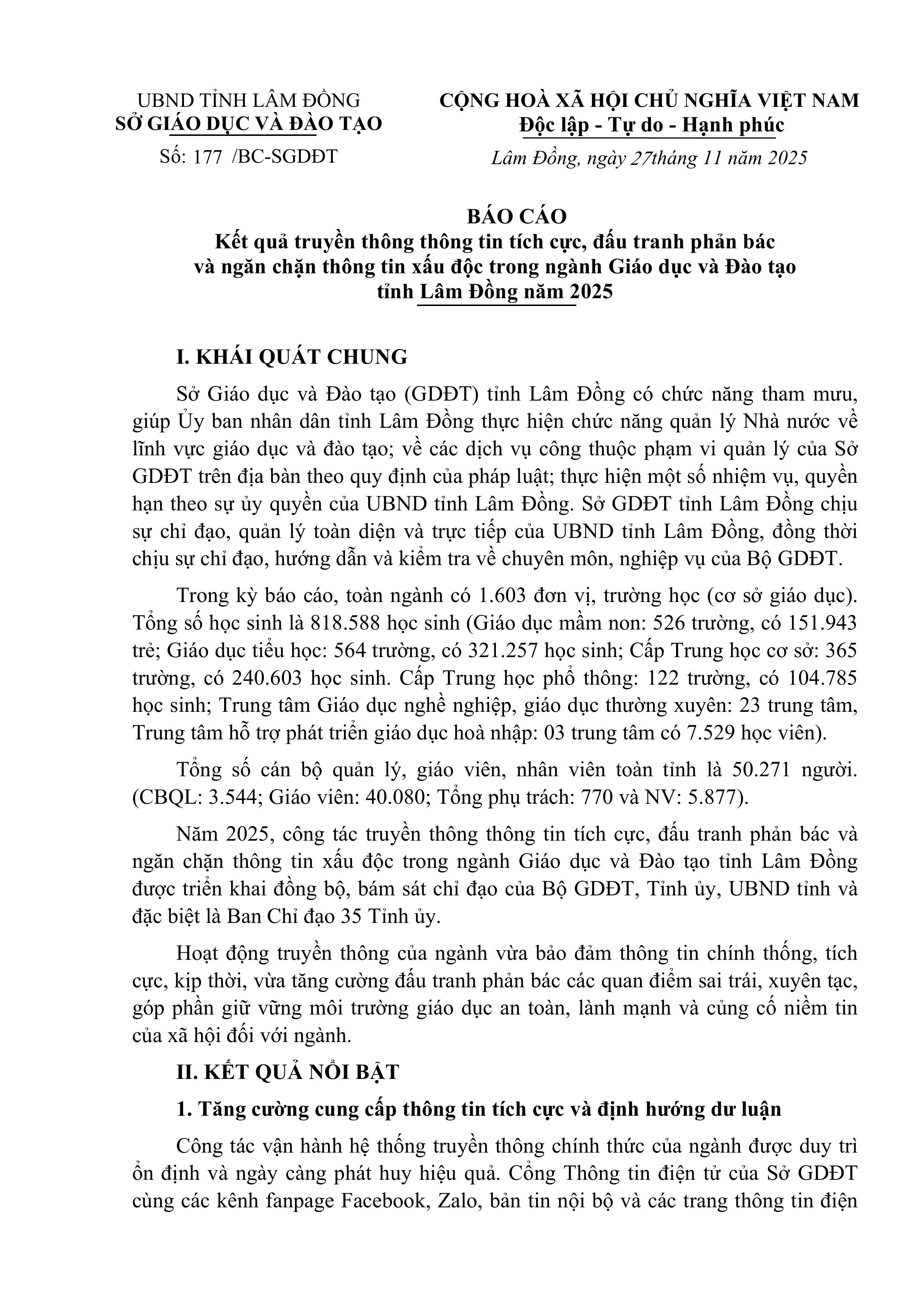 Báo cáo Kết quả truyền thông thông tin tích cực, đấu tranh phản bác  và ngăn chặn thông tin xấu độc trong ngành Giáo dục và Đào tạo  tỉnh Lâm Đồng năm 2025