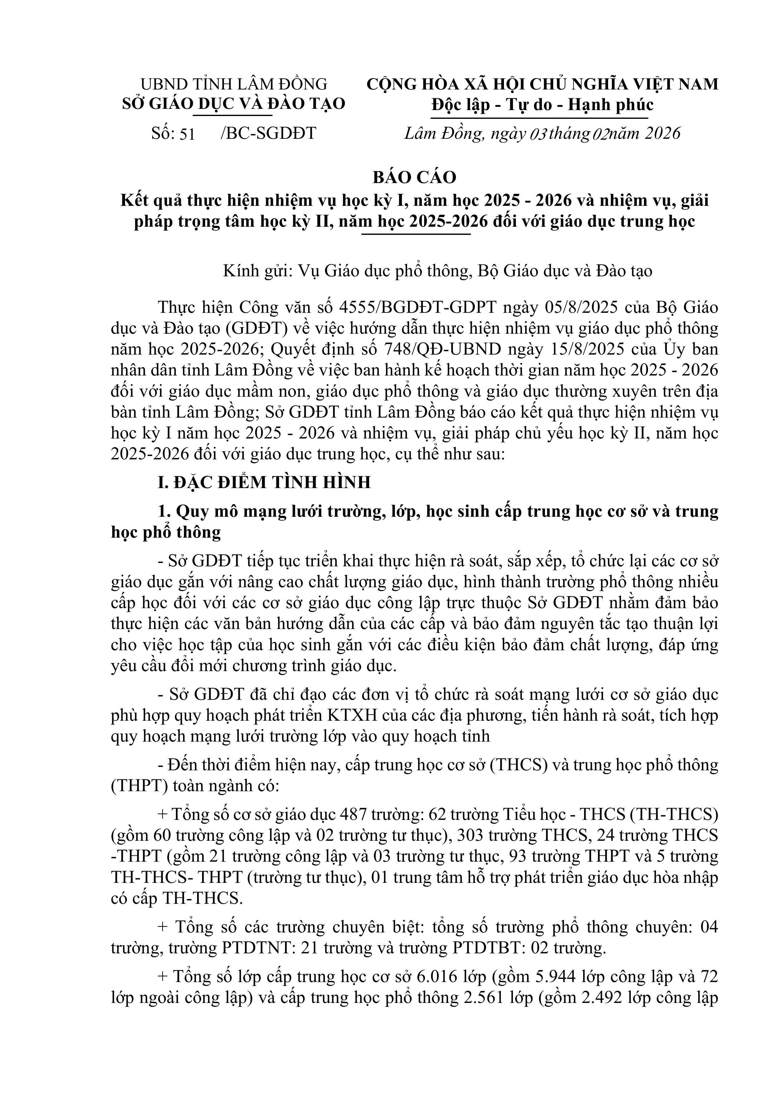 Báo cáo Kết quả thực hiện nhiệm vụ học kỳ I, năm học 2025 – 2026 và nhiệm vụ, giải pháp trọng tâm học kỳ II, năm học 2025-2026 đối với giáo dục trung học