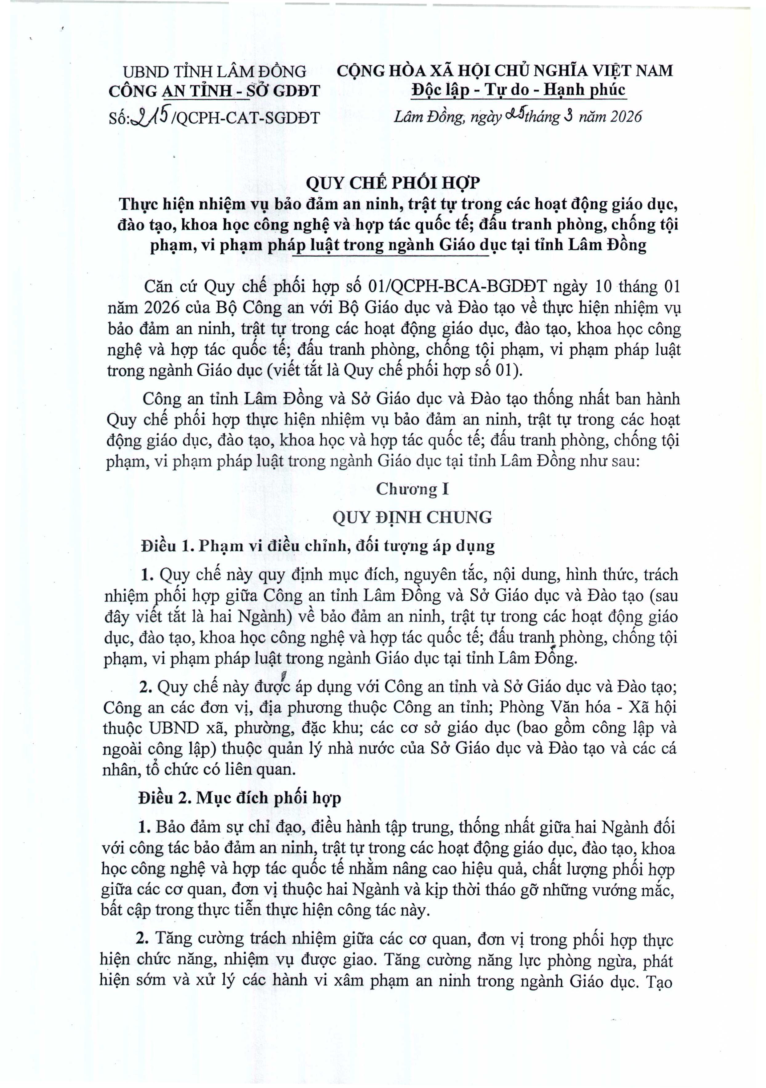 Quy chế phối hợp số 215/QCPH-CAT-SGDĐT ngày 25/3/2026 của Công an tỉnh và Sở Giáo dục và Đào tạo
