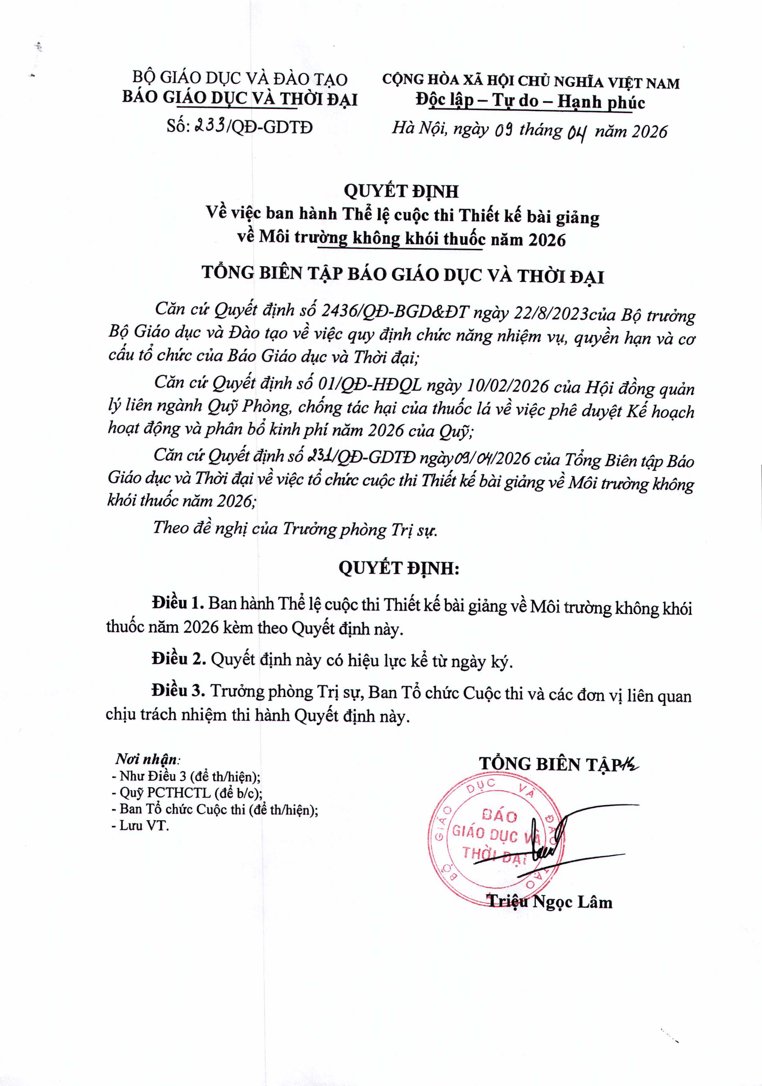 Cuộc thi thiết kế bài giảng về phòng, chống tác hại của thuốc lá năm 2026