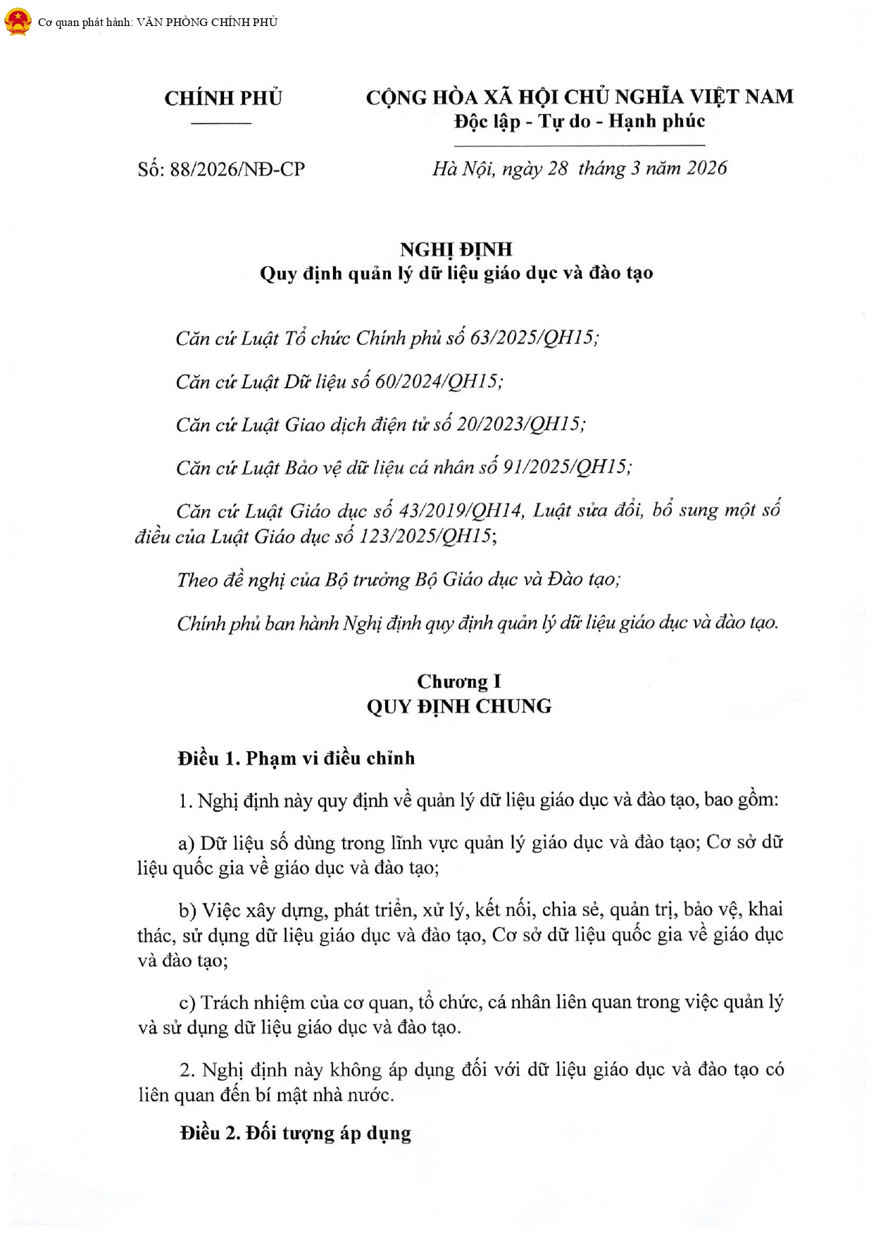 Nghị định số 88/2026/NĐ-CP ngày 28/3/2026 của Chính phủ về quy định quản lý dữ liệu giáo dục và đào tạo