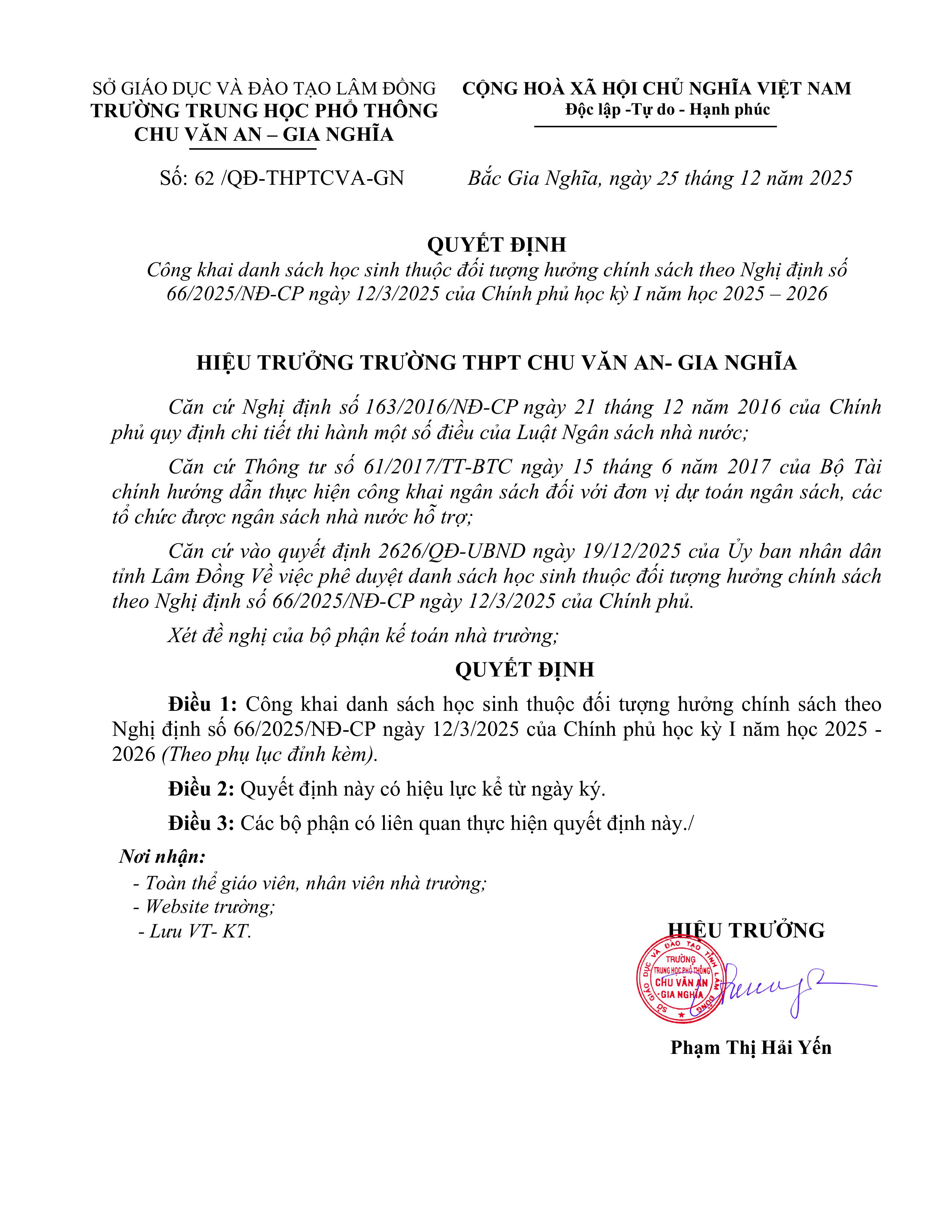 Công khai danh sách học sinh thuộc đối tượng hưởng chính sách theo Nghị định số 66/2025/NĐ-CP ngày 12/3/2025 của Chính phủ học kỳ I năm học 2025 – 2026