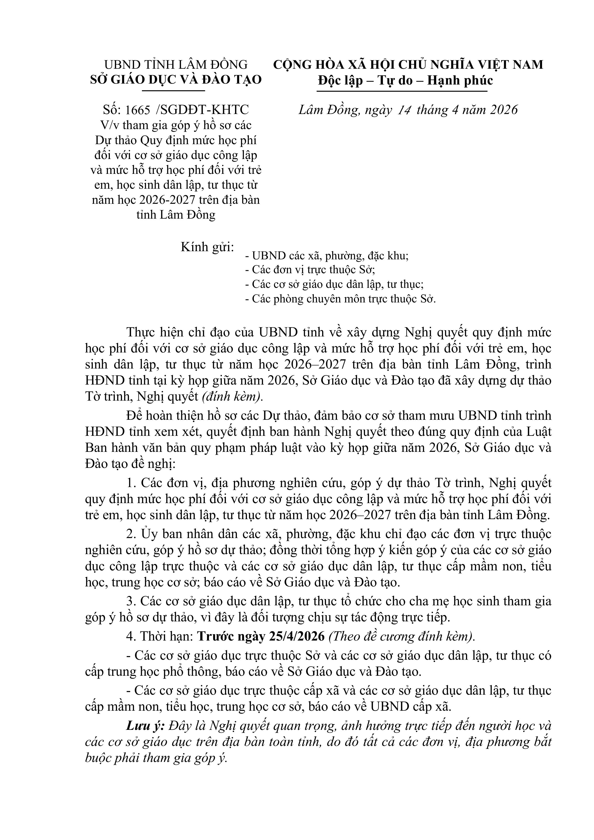 Dự thảo Quy định mức học phí đối với cơ sở giáo dục công lập và mức hỗ trợ học phí đối với trẻ em, học sinh dân lập, tư thục từ năm học 2026-2027 trên địa bàn tỉnh Lâm Đồng
