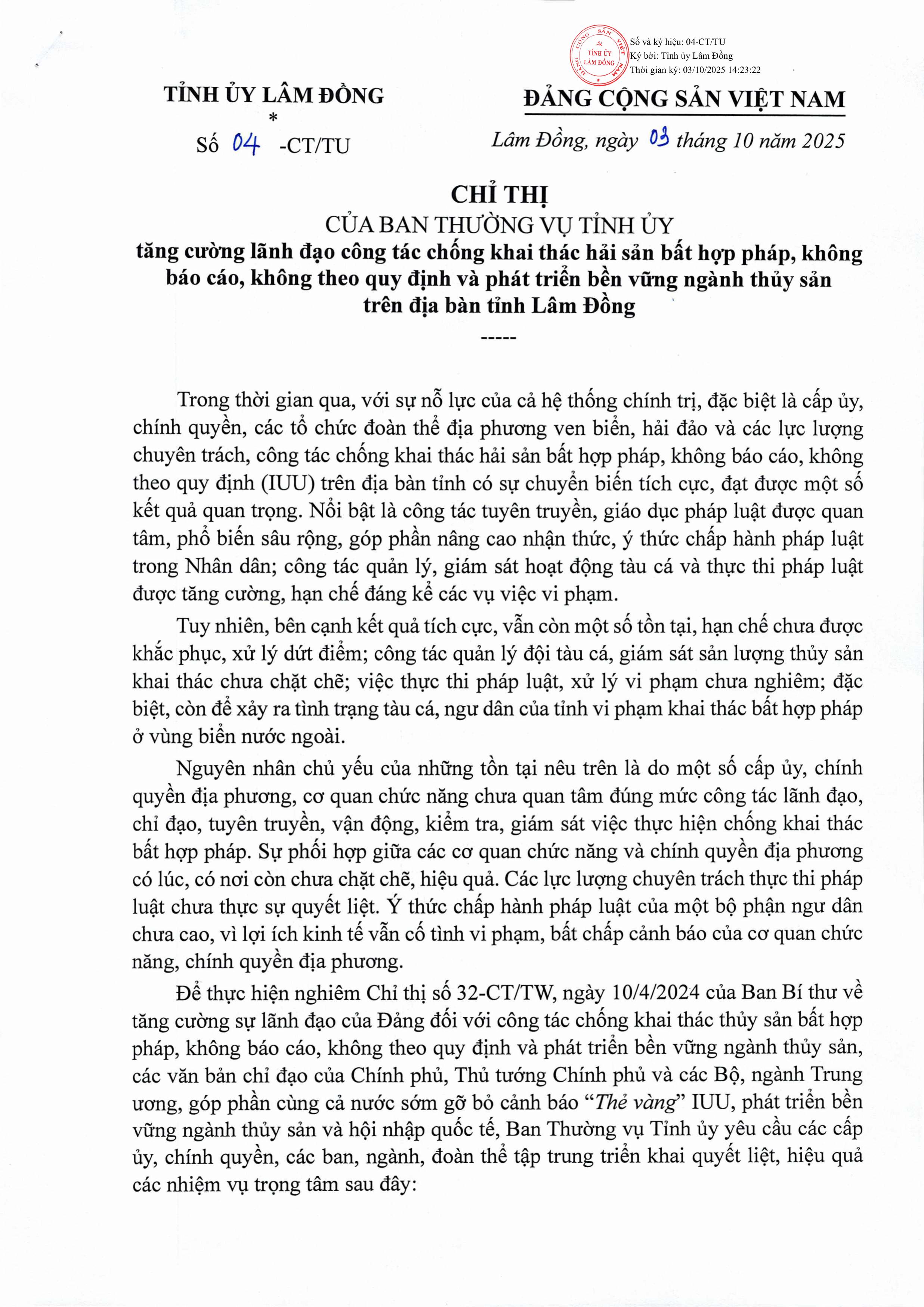 Chỉ thị số 04-CT/TU ngày 03/10/2025 của Ban Thường vụ Tỉnh ủy Lâm Đồng về tăng cường lãnh đạo công tác chống khai thác hải sản bất hợp pháp, không báo cáo, không theo quy định và phát triển bền vững ngành thủy sản trên địa bàn tỉnh Lâm Đồng