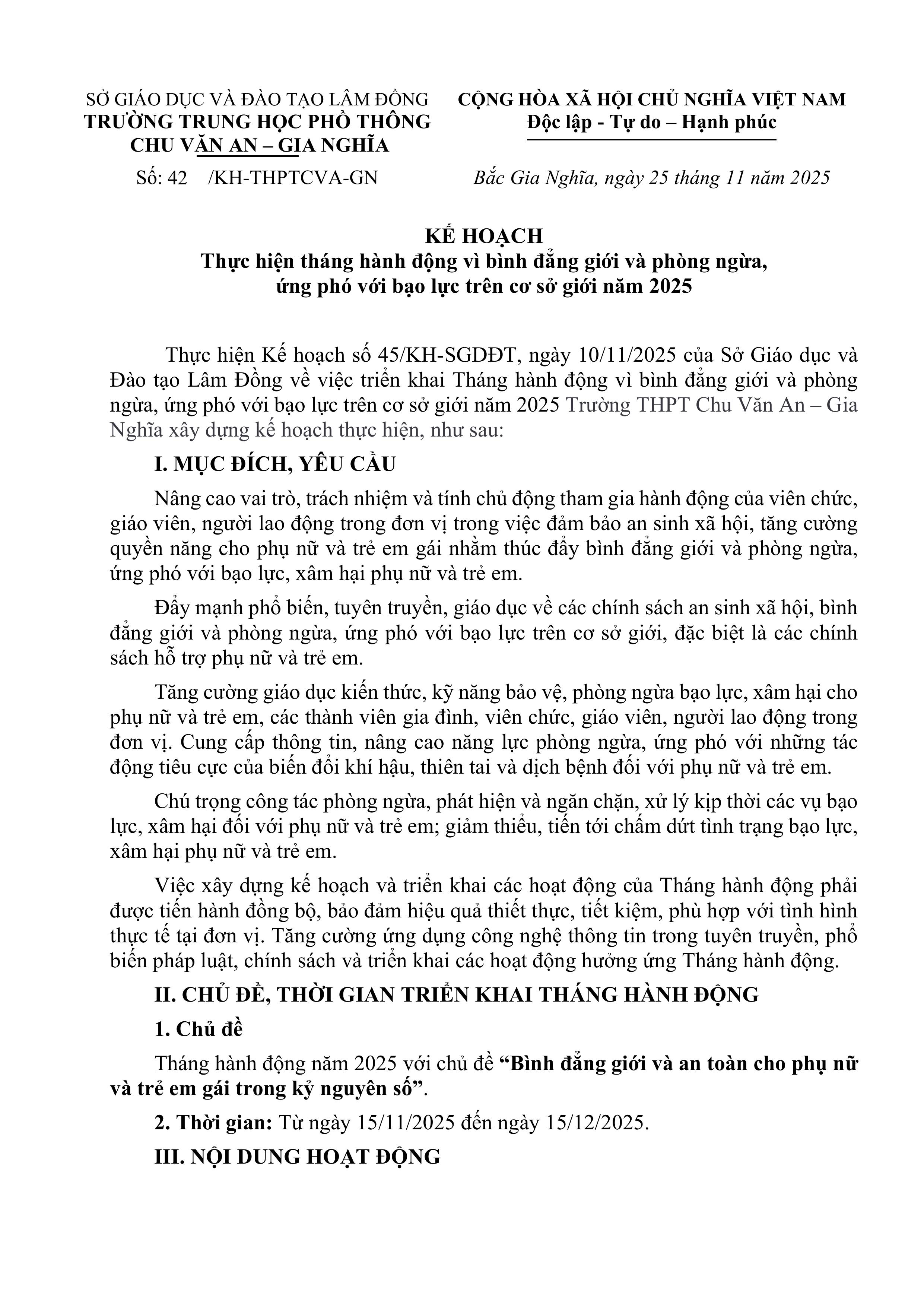 Kế hoạch Thực hiện tháng hành động vì bình đẳng giới và phòng ngừa, ứng phó với bạo lực trên cơ sở giới năm 2025