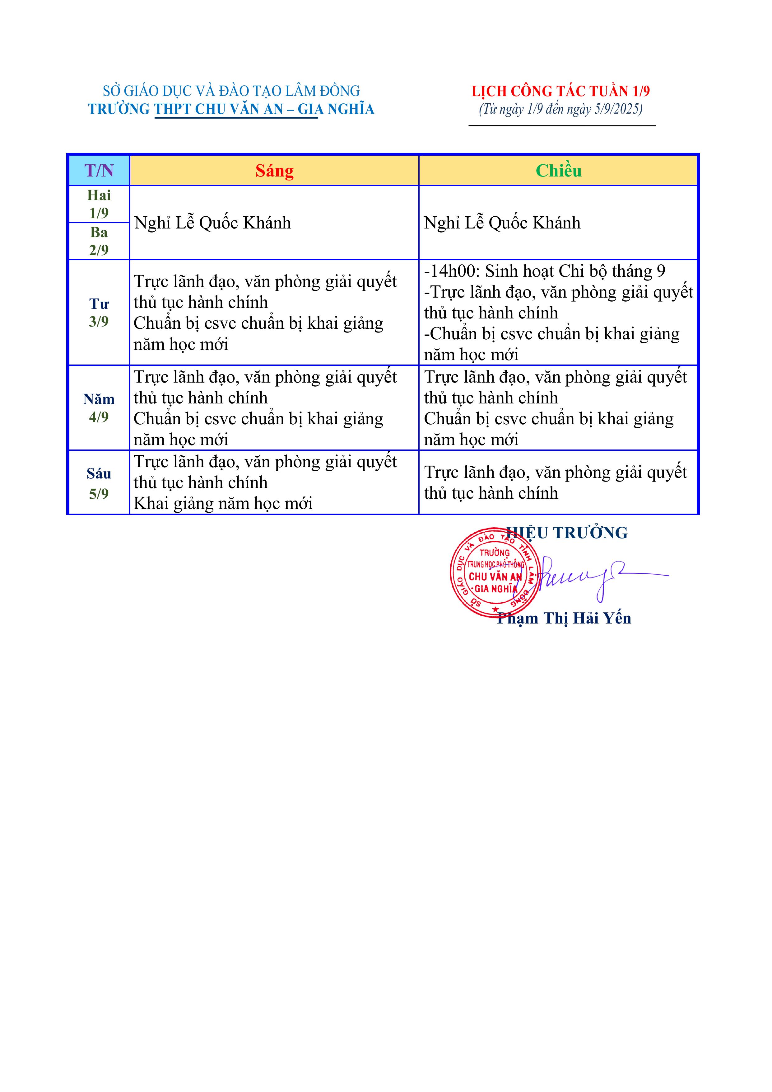 Kế hoạch hoạt động tuần 1 tháng 9 năm 2025
