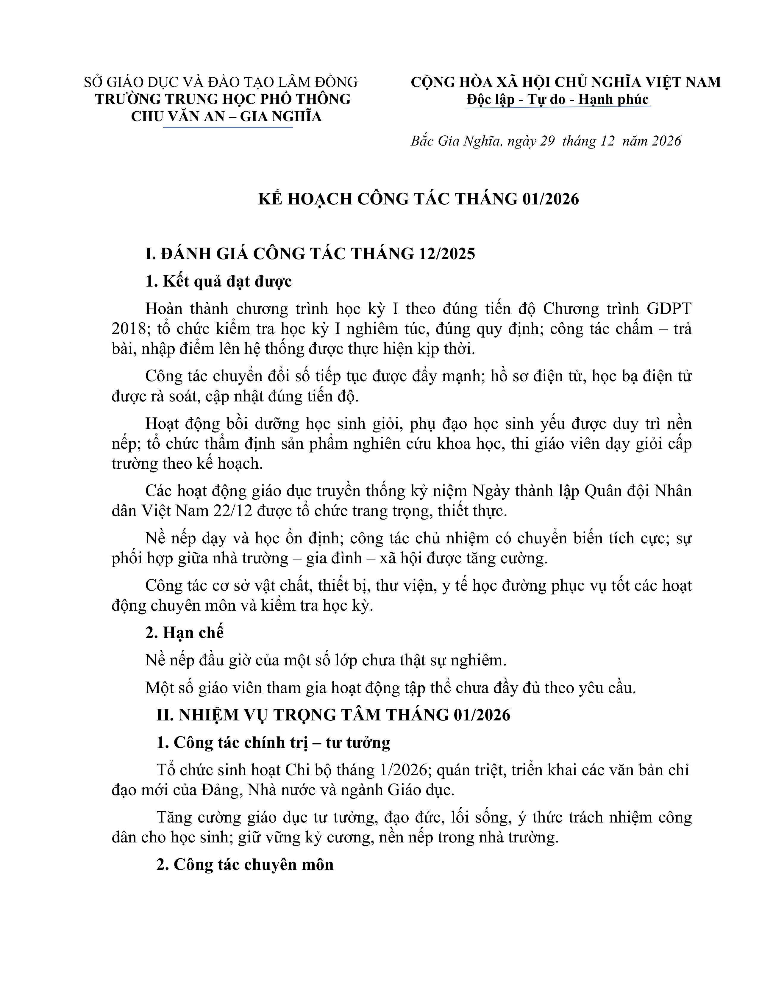 Kế hoạch công tác tháng 01-2026 Kế hoạch công tác tháng 01-2026