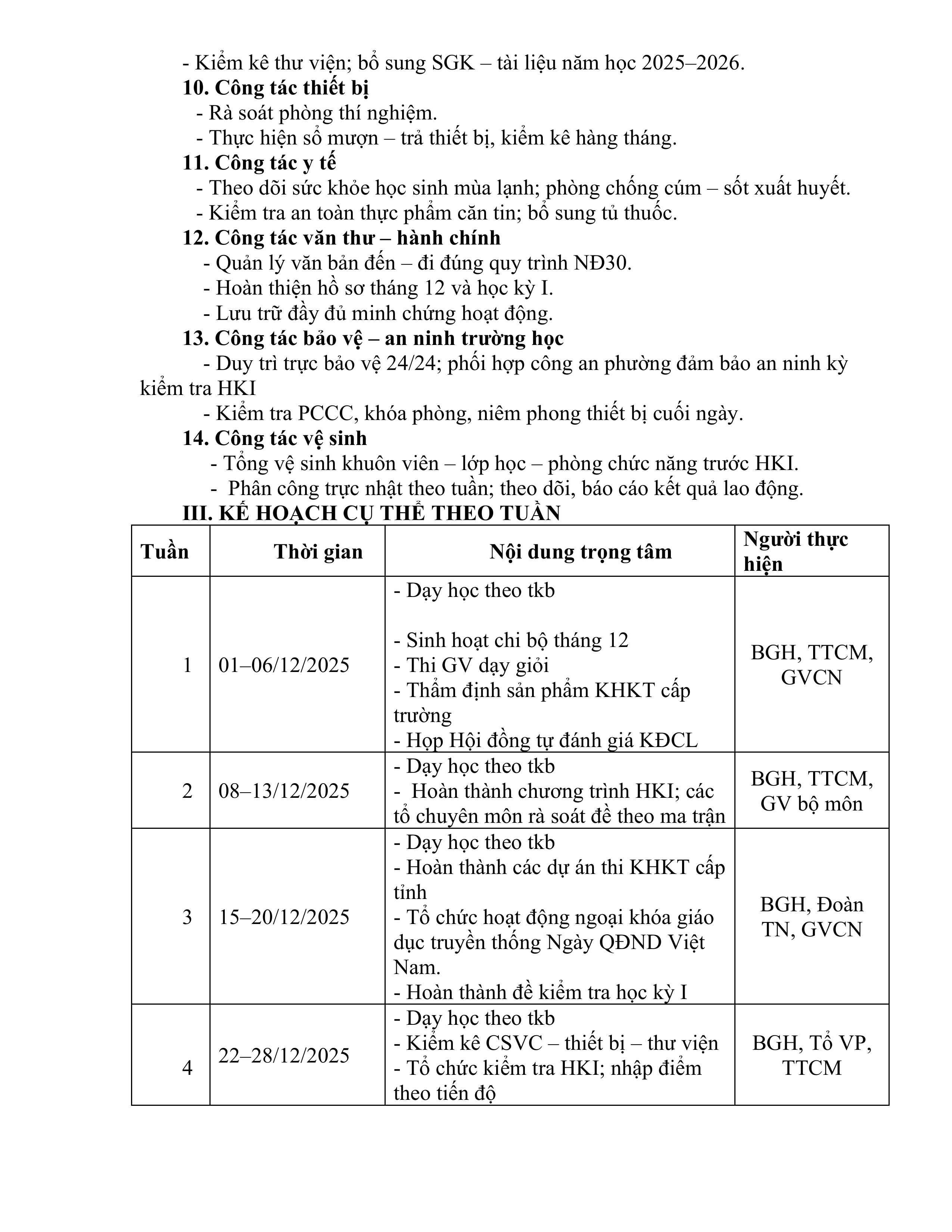 Kế hoạch công tác tháng 12