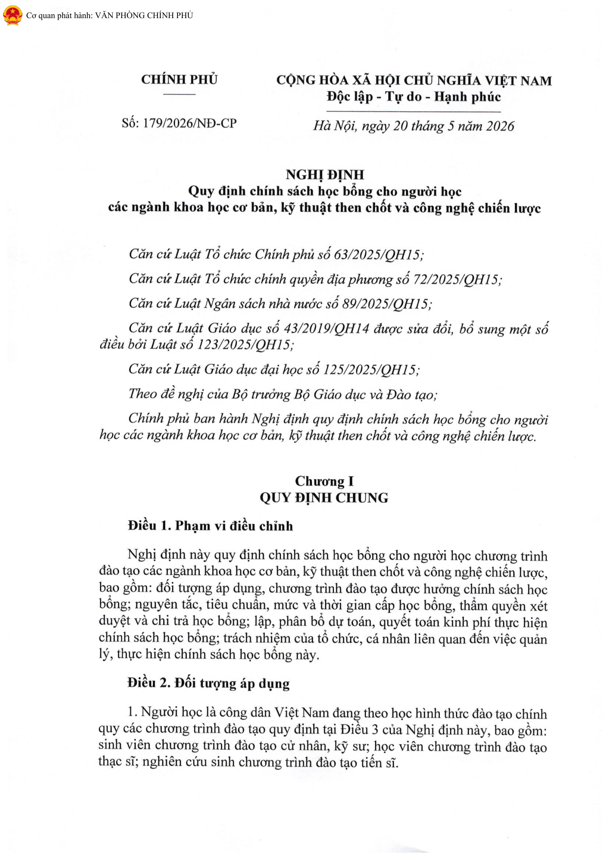 Nghị định số 179/2026/NĐ-CP ngày 20/5/2026 của Chính phủ quy định chính sách học bổng cho người học các ngành khoa học cơ bản, kỹ thuật then chốt và công nghệ chiến lược
