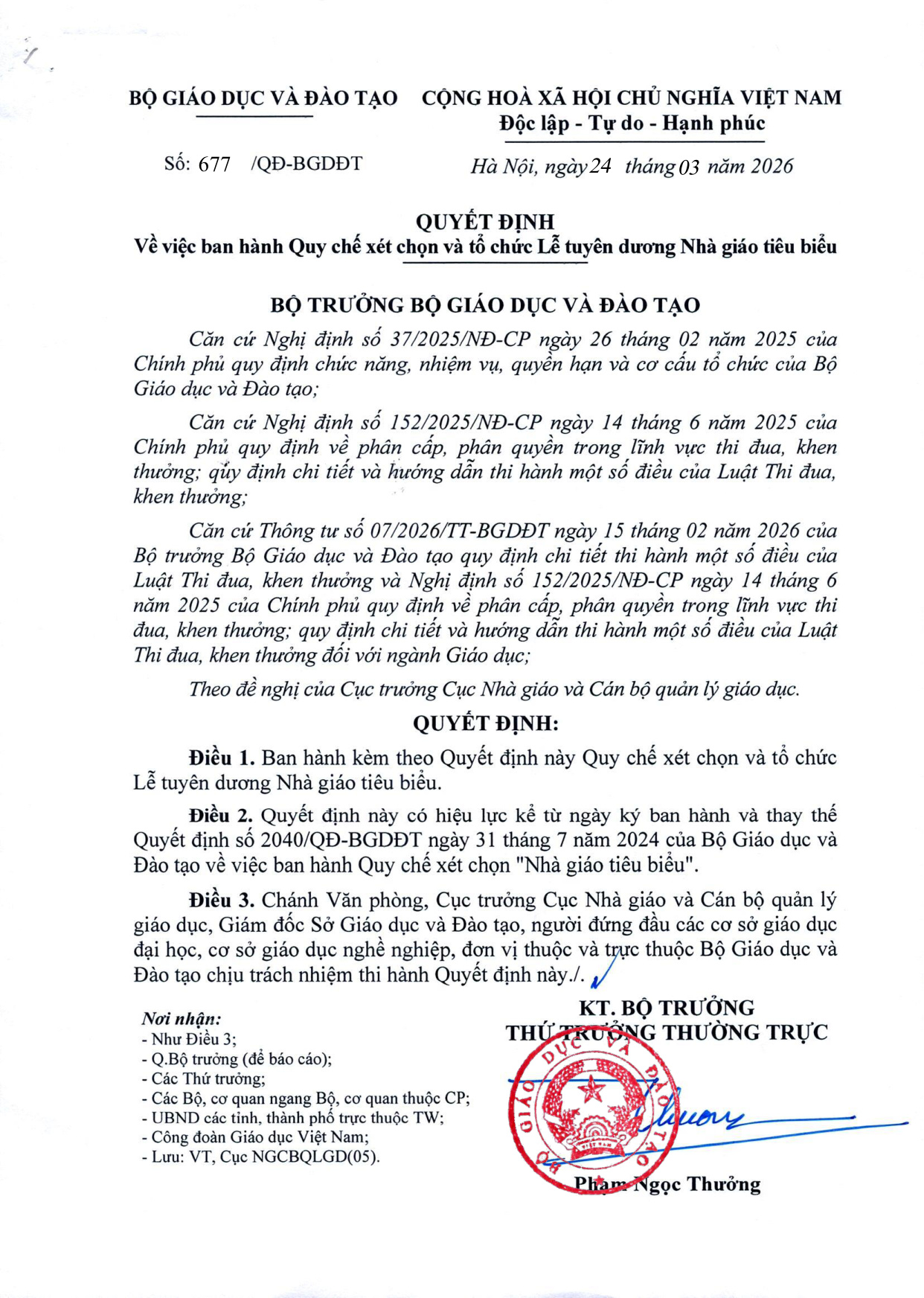 Quyết định số 677/QĐ-BGDĐT ngày 24/3/2026 của Bộ Giáo dục và Đào tạo ban hành Quy chế xét chọn và tổ chức Lễ tuyên dương Nhà giáo tiêu biểu
