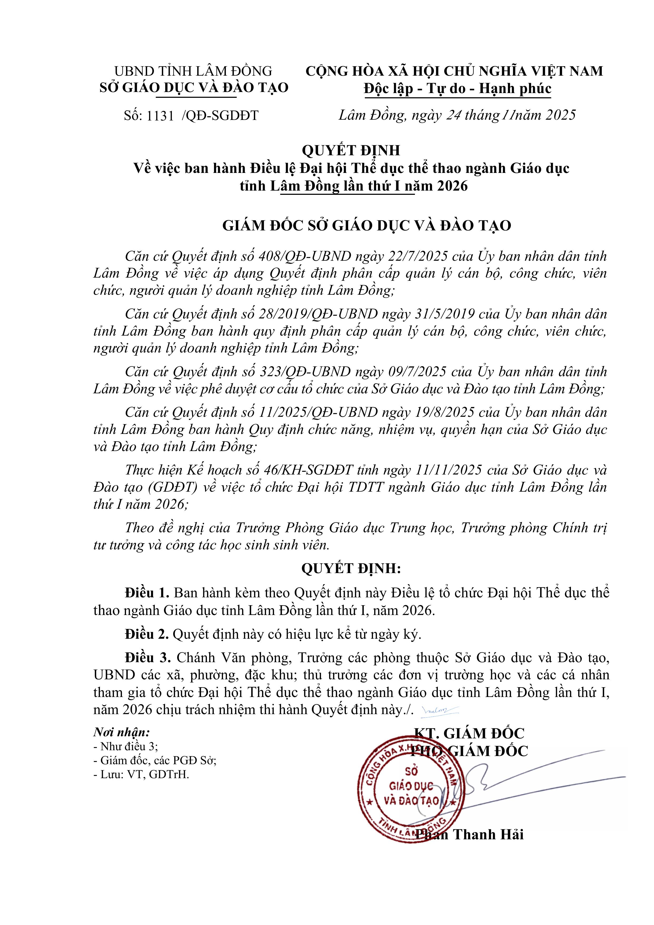 Điều lệ Đại hội Thể dục thể thao ngành Giáo dục tỉnh Lâm Đồng lần thứ I năm 2026
