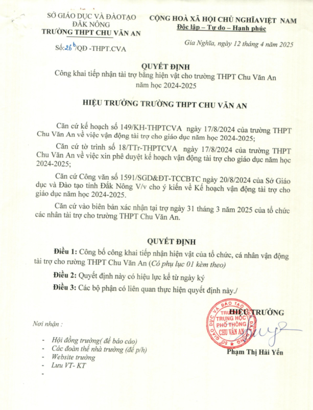 Công khai tiếp nhận tài trợ năm học 2024-2025