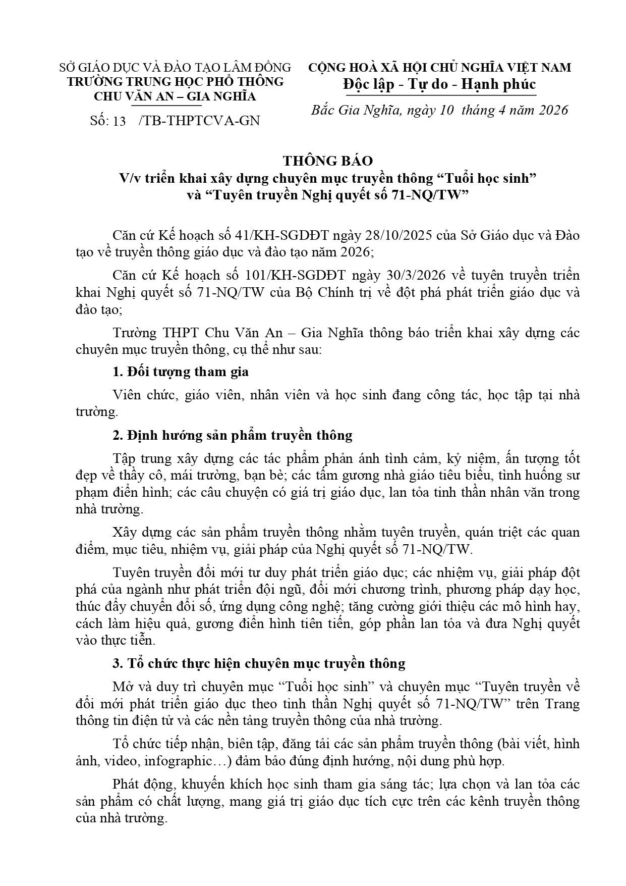 Thông báo triển khai xây dựng chuyên mục truyền thông “Tuổi học sinh” và “Tuyên truyền Nghị quyết số 71-NQ/TW” Thông báo triển khai xây dựng chuyên mục truyền thông “Tuổi học sinh” và “Tuyên truyền Nghị quyết số 71-NQ/TW”