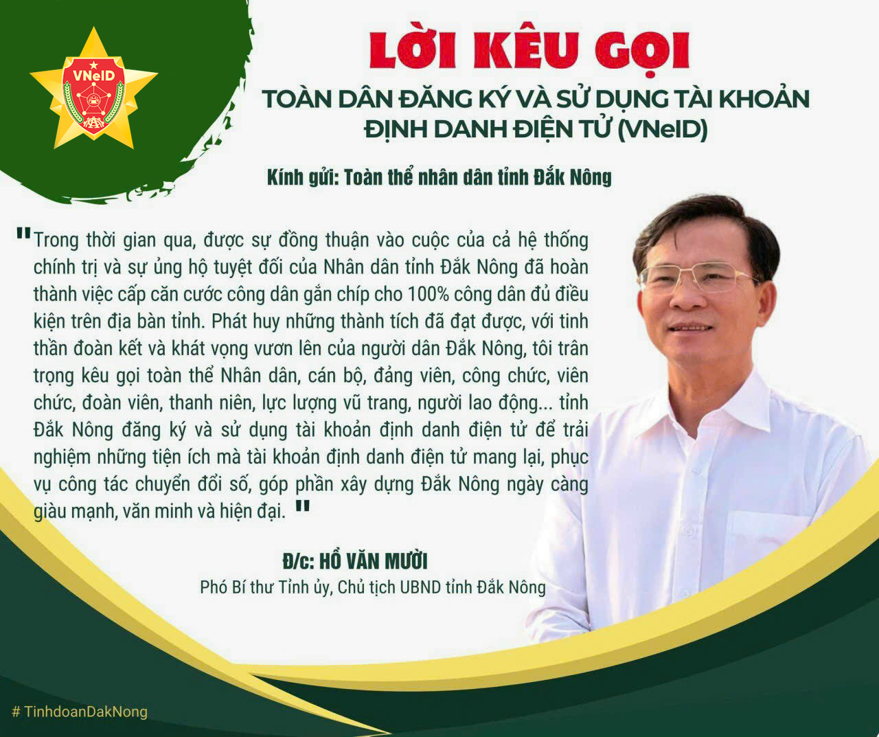 Lời kêu gọi của Chủ tịch UBND tỉnh Đắk Nông về đăng ký sử dụng tài khoản định danh điện tử (VNeID)